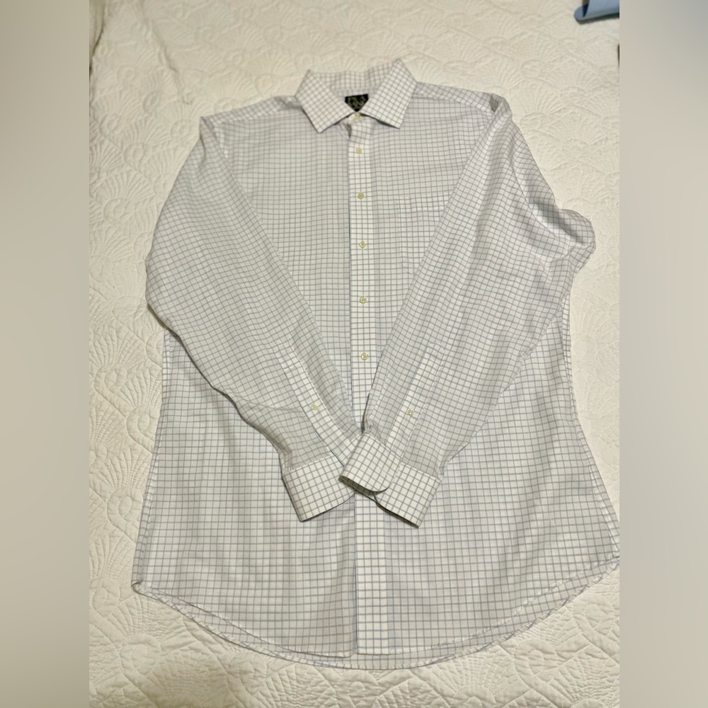 Jos A Bank Men's Long Sleeve White blue Check Casual Button Up Shirt Sz 16.5-35